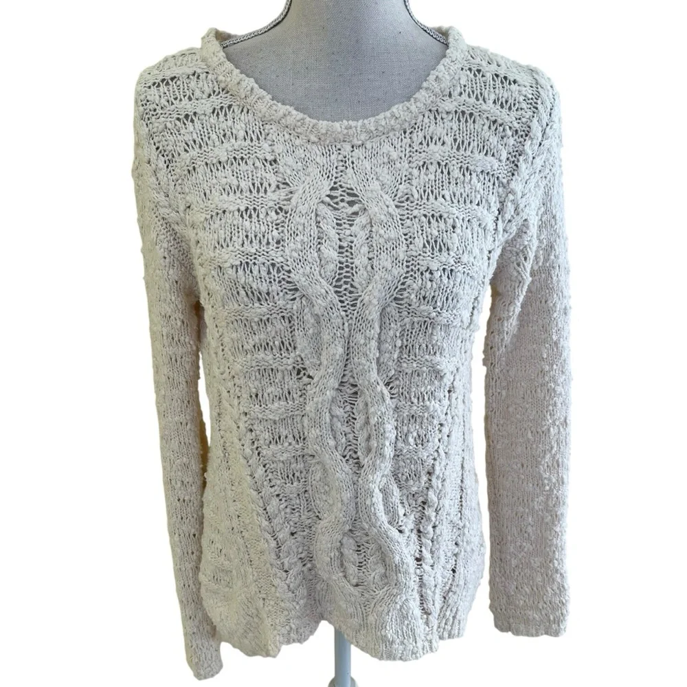 Anthropologie Moth Cream Hi-Lo Nubby Knit with Cable Detail Sweater S